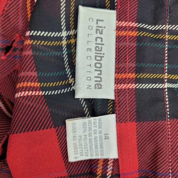Liz Claiborne red black plaid sheer long sleeve button shirt preppy academia 14 - Picture 11 of 12